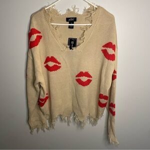 Just Polly Beige Valentine's Cropped Sweater Red Lips Kiss Womens 1X NWT